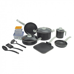 Alpro Batería de Cocina Infinity, Aluminio, Antiadherente, 15 Piezas, Negro 