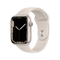Apple Watch Series 7 GPS, Caja de Aluminio Color Blanco Estelar de 45mm, Correa Deportiva Blanco 