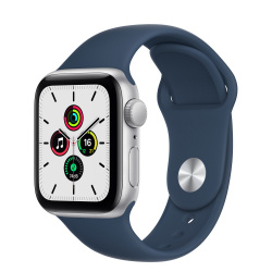 Apple Watch SE GPS, Caja de Aluminio Color Plata de 40mm, Correa Deportiva Color Azul Abismo 