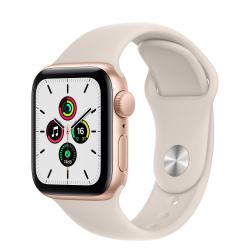 Apple Watch SE GPS, Caja de Aluminio Color Oro de 40mm, Correa Deportiva Color Blanco Estelar 