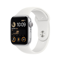 Apple Watch SE 2 GPS, Caja de Aluminio Color Plata de 44mm, Correa Deportiva Color Blanco 
