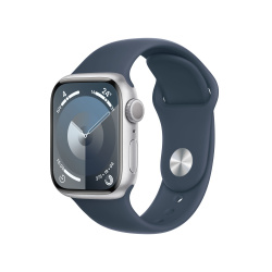 Apple Watch Series 9 GPS, Caja de Aluminio Color Plata de 41mm, Correa Deportiva M/L Color Azul Tormenta 