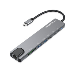 ArgomTech Hub USB-C Macho, 1x HDMI, 2x USB 3.0, 2x USB-C, 1x SD, 1x MicroSD, 1x RJ-45, Gris 