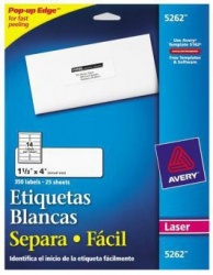 Avery 350 Etiquetas Blancas 5262 de 1 1/3'' x 4'' 