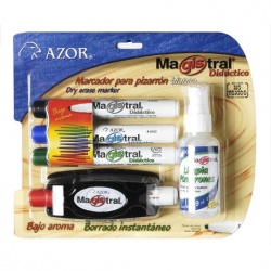 Azor Kit para Pizarrón Blanco incluye 4 Marcadores Magistral, Borrador y Limpiapizarrón 