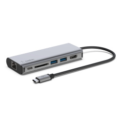 Belkin Hub USB-C Macho, 1x HDMI, 2x USB 3.0, 1x USB-C PD 3.0, 1x SD, 1x RJ-45, 5000 Mbit/s, Plata 