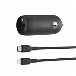 Belkin Cargador para Auto BoostCharge + Cable USB C - Lighnining, 30W, 1x USB C, Negro 