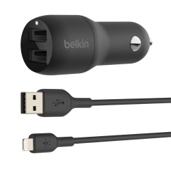 Belkin Cargador para Auto CCD001BT1M, 2x USB-A, con Cable Lightning - USB, Negro 
