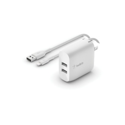 Belkin Cargador de Pared WCD001dq1MWH, 24W, 2x USB-A, Blanco + Cable Lightning a USB-A 