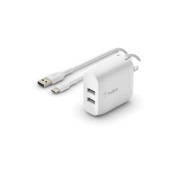 Belkin Cargador de Pared WCE001dq1MWH, 24W, 2x USB-A, Blanco + Cable USB-A a USB-C 