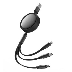 Binden Cable Retráctil USB-A Macho - Micro USB/USB-C/Lightning Macho, 1.2 Metros, Negro 