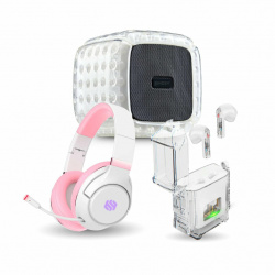 Binden Audífonos Gamer Dark Candy con Micrófono, Bluetooth, Alámbrico/Inalámbrico, 1.5 Metros, USB, Blanco/Rosa  - Incluye Audífonos Dark Booster Blanco y Bocina Air Spkr 