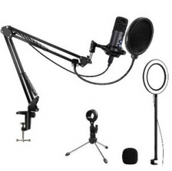 BRobotix Kit Micrófono, Alámbrico, USB, Negro ― Incluye Soporte de Brazo y Aro de Luz 