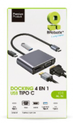 BRobotix Docking Station 4 en 1 USB C, 1x USB 3.0, 1x HDMI, 1x USB 3.0, 1x VGA, 1x USB C, Plata 