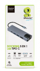 BRobotix Docking Station 5 en 1 USB C, 2x USB 3.0, 1x HDMI, 1x RJ-45, 1x USB C, Plata 