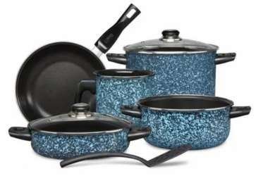 Cinsa Batería de Cocina Granito, Acero Vitrificado, Antiadherente, 8 Piezas, Azul/Negro 