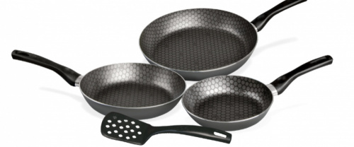 Cinsa Kit de 3 Sartenes con Espátula Magnífica, Antiadherente, Aluminio, Negro 