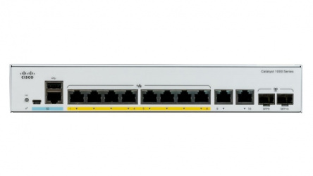 Switch Cisco Gigabit Ethernet Catalyst 1000, 8 Puertos PoE+ 10/100/1000 + 2 Puertos SFP, 20 Gbit/s, Full PoE 120W, 16.000 Entradas - Administrable 