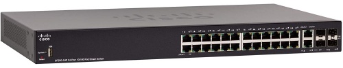 Switch Cisco Fast Ethernet SF250-24P, 24 Puertos 10/100Mbps + 2 Puertos SFP, 12.8 Gbit/s, 8000 Entradas - Administrable 