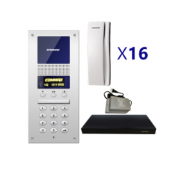 Commax Kit Frente de Calle DR2AG, incluye 1 Distribuidor de Piso CCU216AGF, 16 Interfon AP2SAG, 1 Fuente de Poder RF2A 