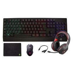 Kit Gamer 5 en 1 Eagle Warrior Rhino Teclado + Mouse + Audífonos + Mousepad, Alámbrico, USB, Negro/Rojo (Español) 