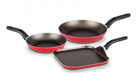 Ekco Juego de Sartenes 29197, 3 Piezas, Antiadherente, Aluminio, Negro/Rojo - incluye Plancha Cuadrada 