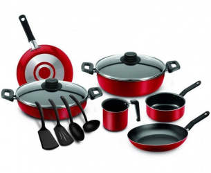 Ekco Batería de Cocina 54090, Aluminio, Antiadherente, 12 Piezas, Rojo 