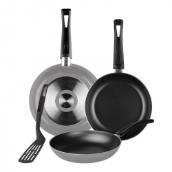 Ekco Juego de Sartenes Select, 3 Piezas, Antiadherente, Aluminio, Negro/Gris 