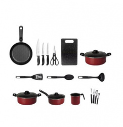 Ekco Batería de Cocina 902039-ROJO, Aluminio, Antiadherente, 32 Piezas, Negro/Rojo 