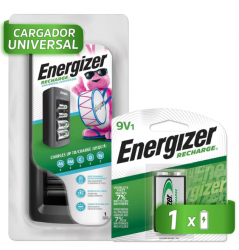Energizer Cargador Universal para Pilas 9V/AA/AAA/C/D — incluye 1 Pila 9V Recargable 