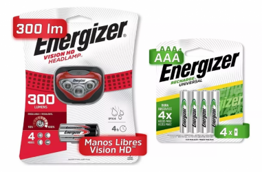 Energizer Linterna LED Tipo Minero HDB321, 300 Lúmenes, Rojo - incluye 4 Pilas AAA Recargables 