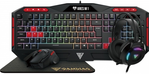 Kit de Teclado/Mouse/Audífonos/Mousepad Gamdias POSEIDON M2, Alámbrico, USB, Negro/Rojo (Inglés) 