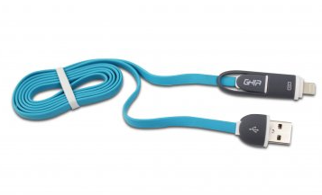Ghia Cable de Carga 2 en 1 USB Macho - Micro USB/Lightning Macho, 1 Metro, Azul, para iPhone/iPad/Smartphone 
