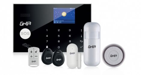 Ghia Kit Sistema de Alarma Inteligente Ghia, Inalámbrico, Incluye Panel Táctil/Sensor de Movimiento/Contacto Magnetico/Control/Sirena 