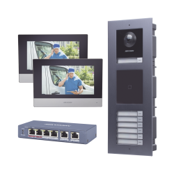 Hikvision Videoportero DS-KD8003-IME1, Altavoz, Alámbrico, Negro ― Incluye Hikvision Lector de Tarjetas, Módulo para Llamada, 2 Monitores y Switch PoE 