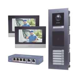 Hikvision Videoportero DS-KD8003-IME1, Altavoz, Alámbrico, Negro ― Incluye Hikvision Lector de Tarjetas, Módulo para Llamada, 2 Monitores y Switch PoE 