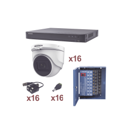 Hikvision Kit de Vigilancia KH1080P16DW de 16 Cámaras Domo y 16 Canales, con Grabadora DVR, Fuente de Poder, Transceptores y Conectores 