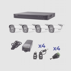 Hikvision Kit de Vigilancia ColorVu KH1080P4BC de 4 Cámaras CCTV Bullet y 4 Canales, con Grabadora, Fuente de Poder y Transceptores 