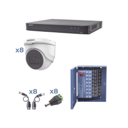 Hikvision Kit de Vigilancia KH1080P8DW de 8 Cámaras Domo y 8 Canales, con Grabadora DVR, Fuente de Poder, Transceptores y Conectores 