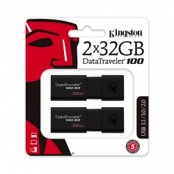 Memoria USB Kingston DataTraveler 100 G3, 32GB, USB 3.0, Lectura 100MB/s, Negro, 2 Piezas 