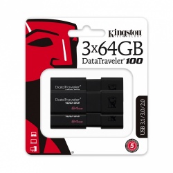 Memoria USB Kingston DataTraveler 100 G3, 64GB, USB 3.0, Lectura 100MB/s, Negro, 3 Piezas 