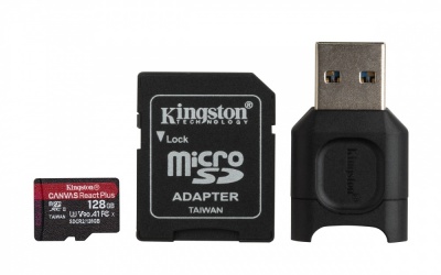 Memoria Flash Kingston Canvas React Plus, 128GB MicroSDXC UHS-II Clase 10, con Adaptador USB 
