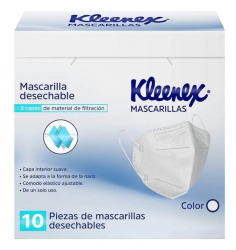 Kleenex Cubrebocas Desechable, 3 Capas, Blanco, 10 Piezas 