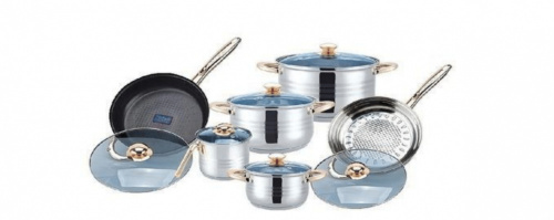 Kuche Batería de Cocina JMA, Acero Inoxidable, Antiadherente, 12 Piezas, Gris/Oro 