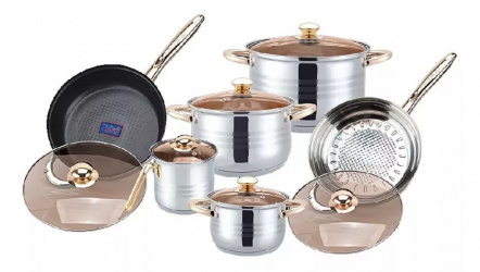 Kuche Batería de Cocina JMA, Acero Inoxidable, Antiadherente, 12 Piezas, Café/Plata 