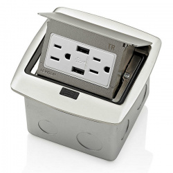 Leviton Tomacorriente Pop Up PFUS1-0BN, 2 Enchufes, 2x USB-A, 125V, 20A, Níquel 