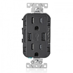 Leviton Tomacorriente T5632-00E, 2 Enchufes, 2x USB, 125V, 15A, Negro 
