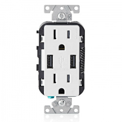 Leviton Tomacorriente T5632-00W, 2 Enchufes, 2x USB, 125V, 15A, Blanco 