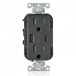 Leviton Tomacorriente T5633-00E, 2 Enchufes, 1x USB, 1x USB-C, 125V, 15A, Negro 