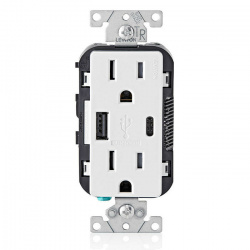 Leviton Tomacorriente T5633-00W, 2 Enchufes, 1x USB-A, 1x USB-C, 125V, 15A, Blanco 